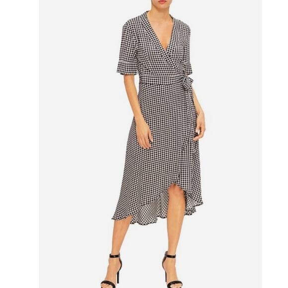 GANNI Black & White Gingham Check Midi Wrap Dress Size 40 (8 US) - Picture 3 of 13